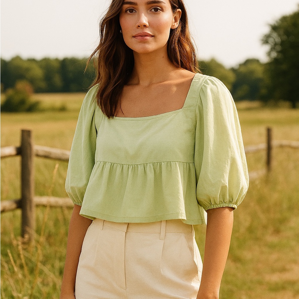 NWT Abercrombie Green Poplin Peplum Puff Sleeve Peasant Top Shirt